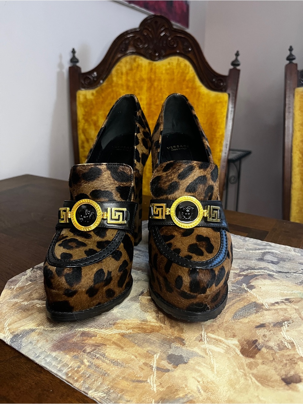 Versace Leopard-Print Platform Block Heel Pumps - Brown & Black - Picture 2 of 5